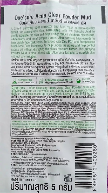 Oxe Cure Acne Clear Powder Mud rear packaging with full product information