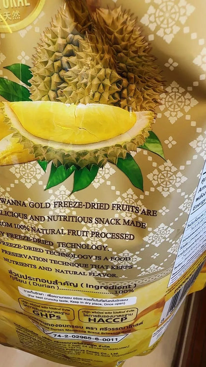 Sriwanna Freeze Dried Durian opened bag with freeze dried durian pieces inside