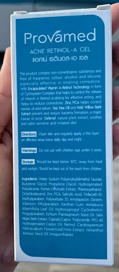 Provamed Retinol-A Acne Gel packaging back label with ingredients text