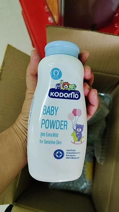 Kodomo Baby Powder Extra Mild front label close-up showing gentle formula for sensitive baby skin