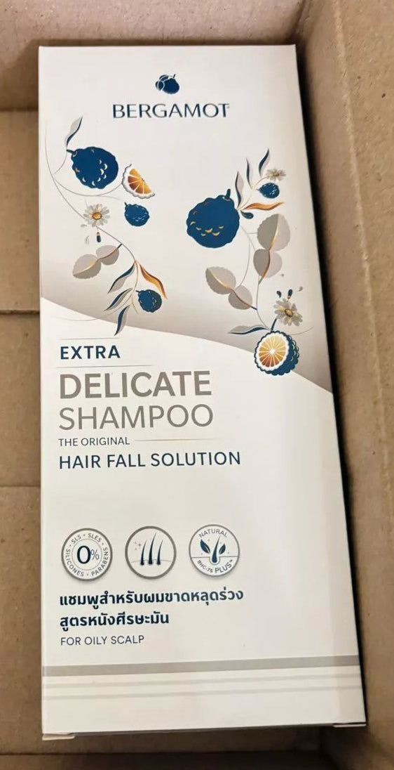 Full rear view of Bergamot Delicate Shampoo bottle with complete ingredient list and product information.