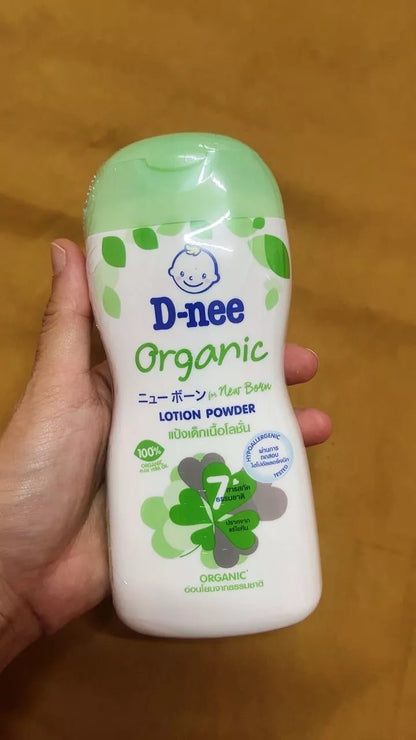Dnee Organic Baby Lotion Powder 180ml handheld showing size