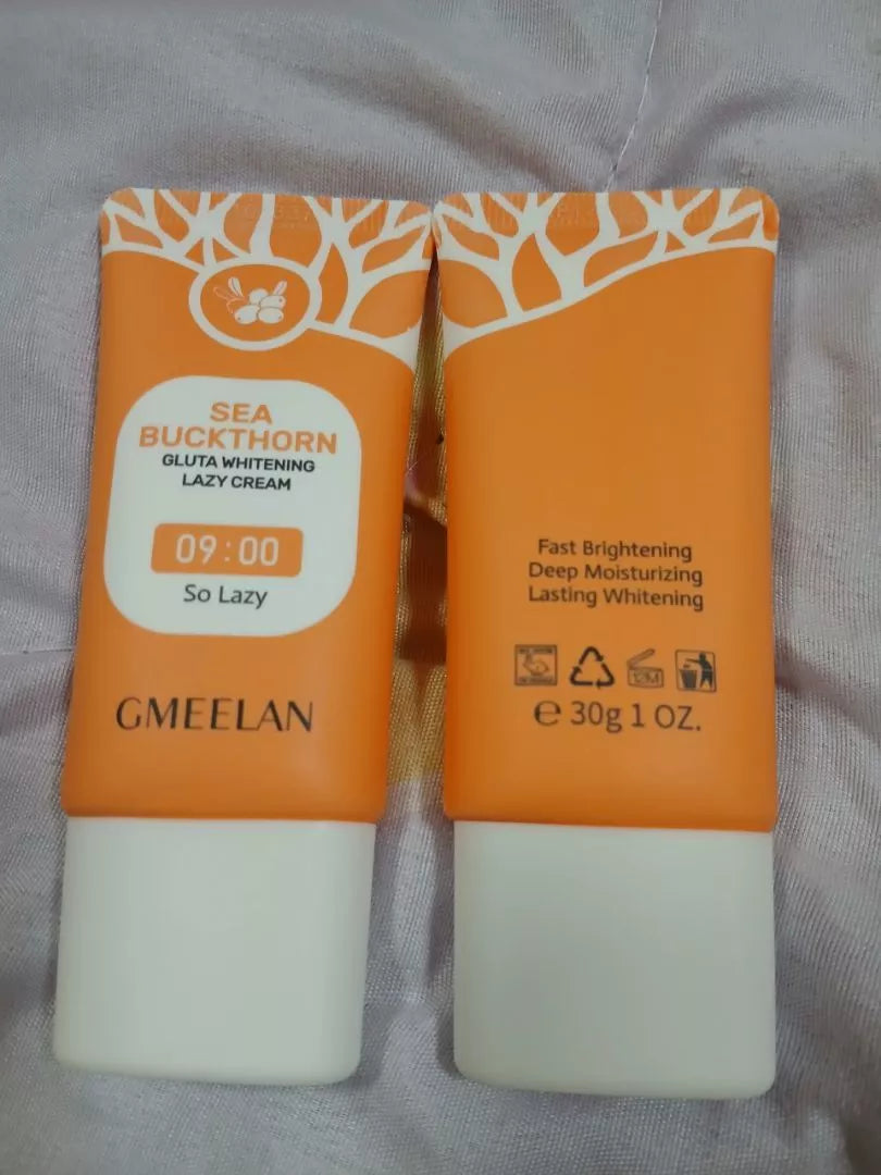 GMEELAN Gluta Lazy Cream packaging front and back comparison on wooden background