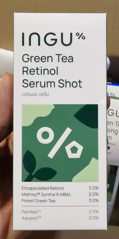INGU Retinol Serum Shot box showcasing encapsulated retinol and green tea formula details
