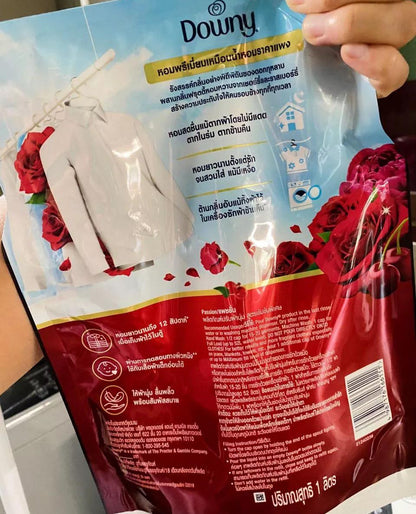 Downy Passion Fabric Softener refill pouch showing back ingredients and usage