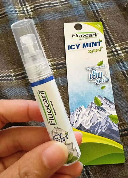 Fluocaril Mouth Spray Icy Mint 7ml Bottle Held in Hand Front Package