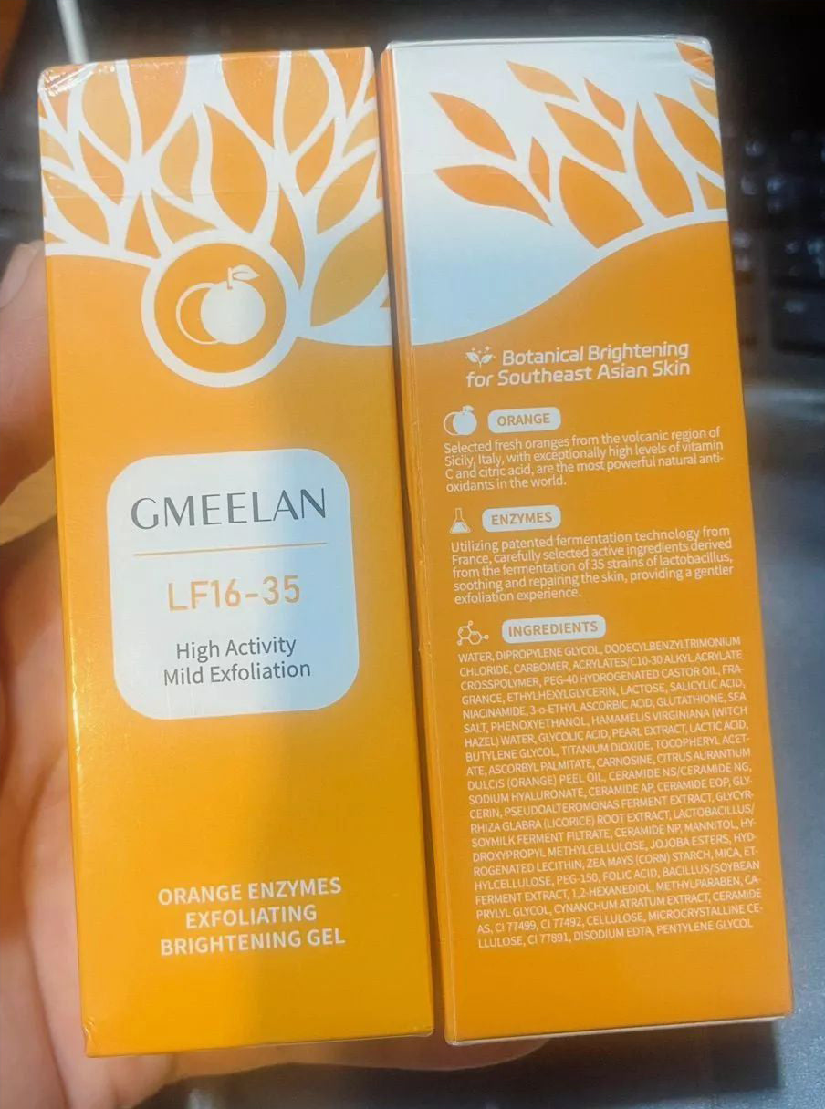 GMEELAN Orange Exfoliating Gel box packaging front and back view