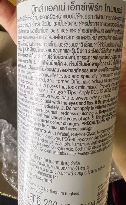 Boots Acne Expert Toner back label showing ingredients and directions