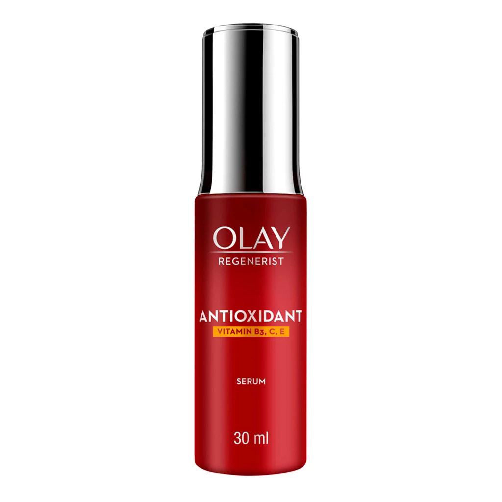 Front view of Olay Regenerist Antioxidant Serum 30ml bottle isolated on white background
