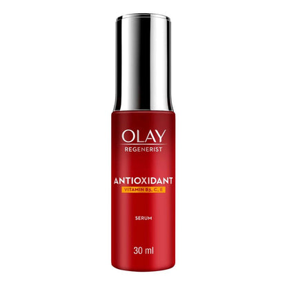 Front view of Olay Regenerist Antioxidant Serum 30ml bottle isolated on white background