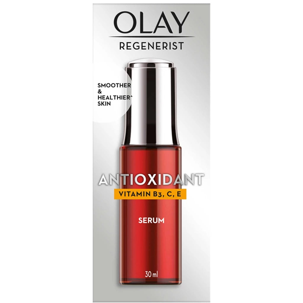Olay Regenerist Antioxidant Serum product shot showing the red bottle with Vitamin B3 C E label