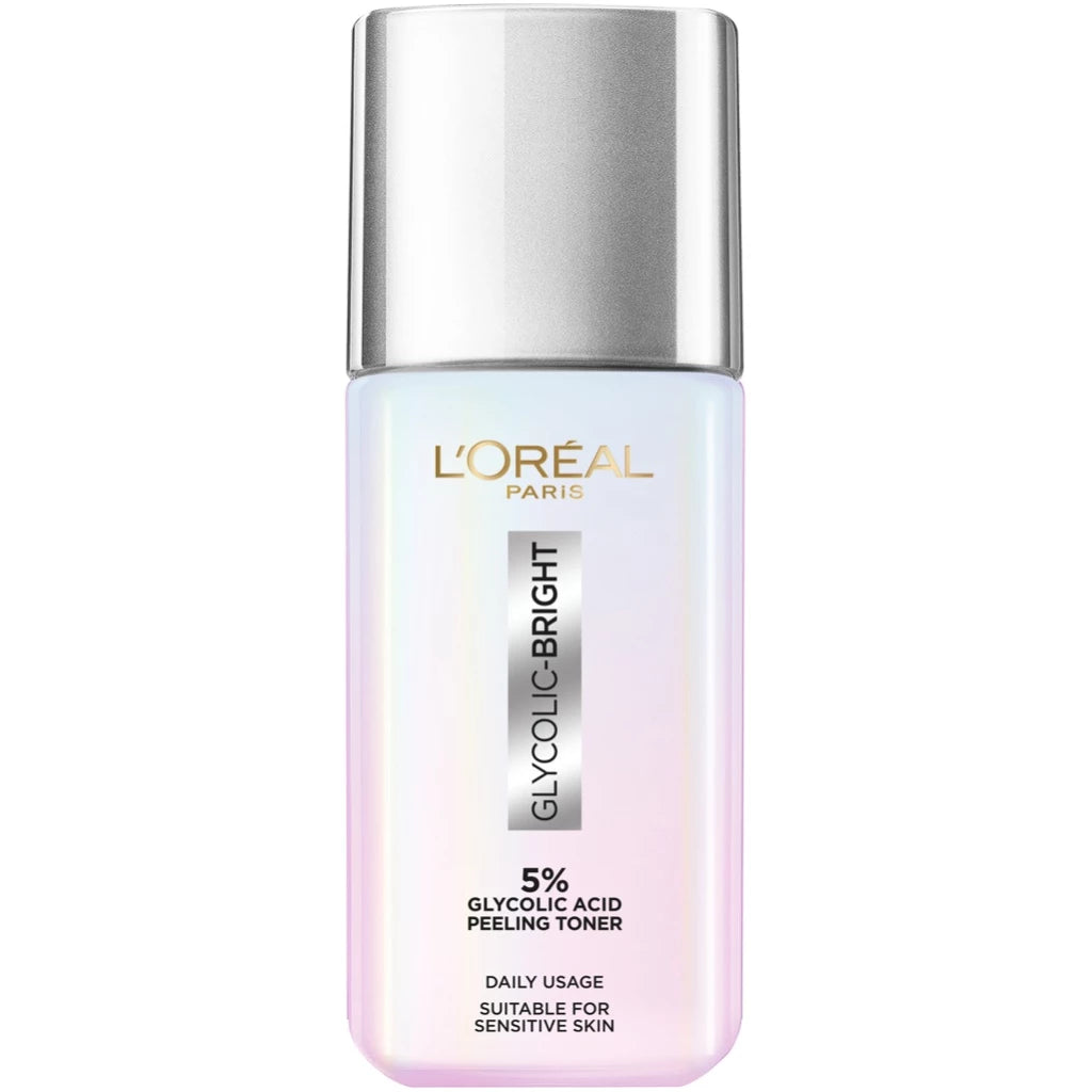 Loreal Glycolic Bright Toner bottle front view silver cap