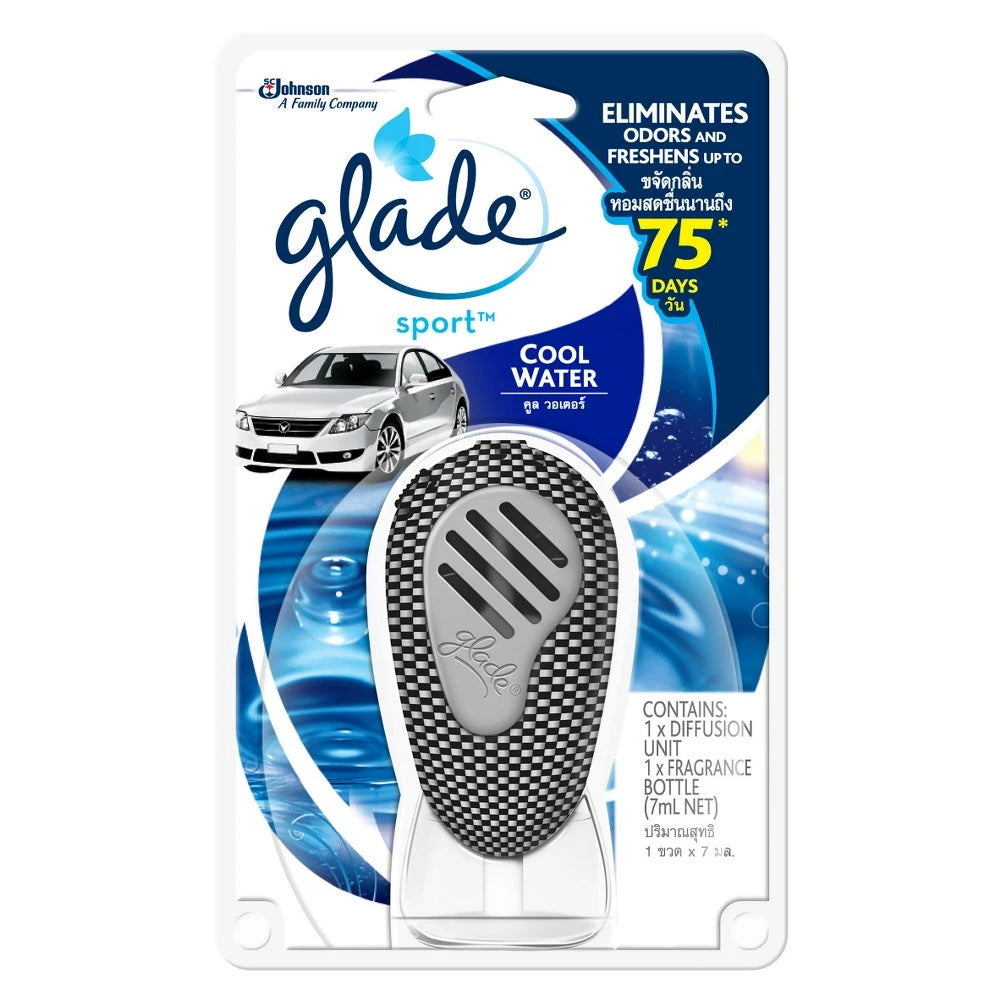 Glade Sport Cool Water car air freshener packaging showing vent clip and cool water scent design