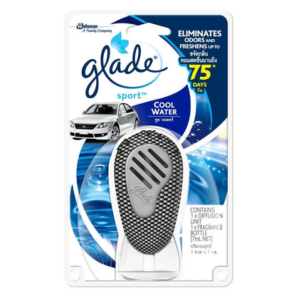 Glade Sport Cool Water car air freshener packaging showing vent clip and cool water scent design