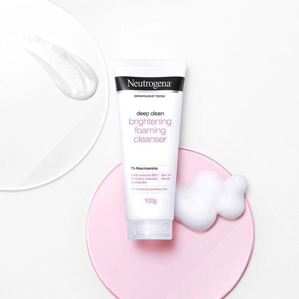 Neutrogena Deep Clean Foam Brightening Facial Cleanser pink white tube display
