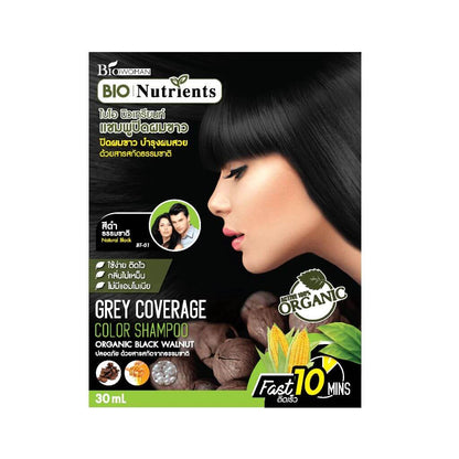 Bio Nutrients Color Shampoo packaging featuring grey coverage solution made with organic black walnut in a 30ml size.