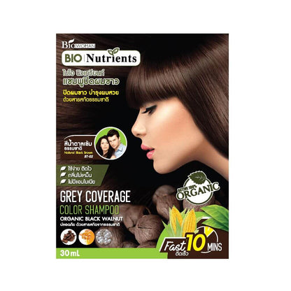 Bio Nutrients Color Shampoo for grey coverage, featuring organic black walnut, 30ml bottle.