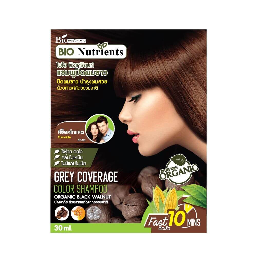 Bio Nutrients Color Shampoo for grey coverage in 30ml size with organic black walnut, providing an easy hair coloring solution.