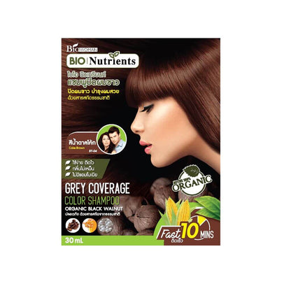 Bio Nutrients Color Shampoo for grey coverage with organic black walnut, 30ml in packaging design.