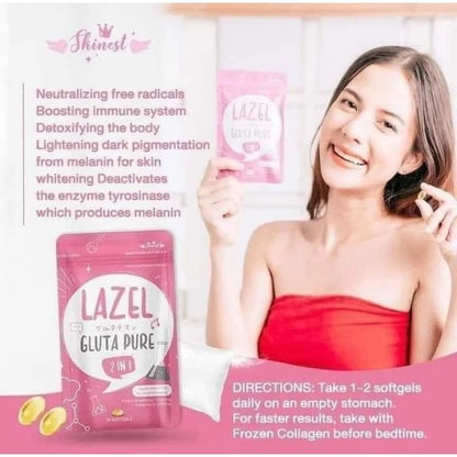 Lazel Gluta Pure 2 in 1 whitening supplement promotion with woman holding product pack