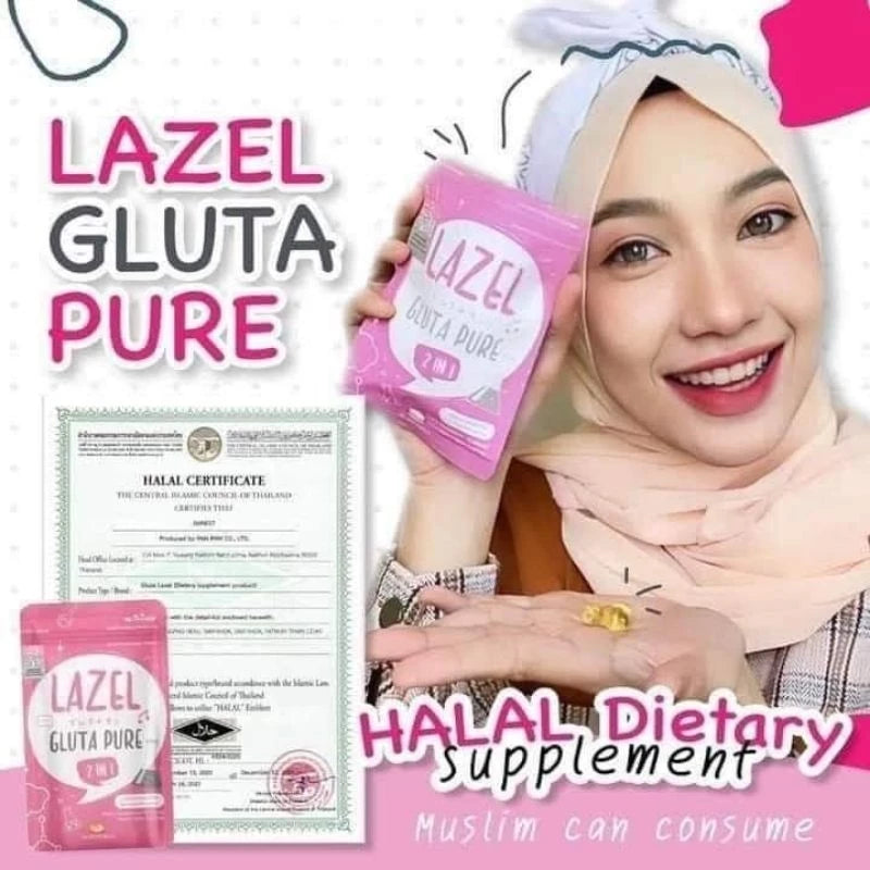 Lazel Gluta Pure 2 in 1 whitening softgel promotion with smiling woman holding product
