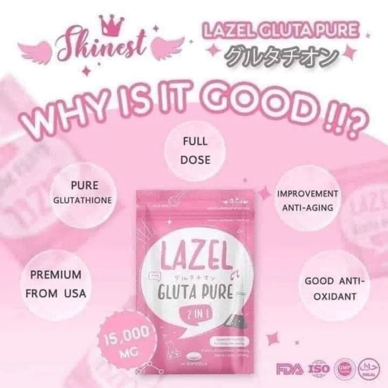 Lazel Gluta Pure 2 in 1 supplement display highlighting whitening and antioxidant benefits