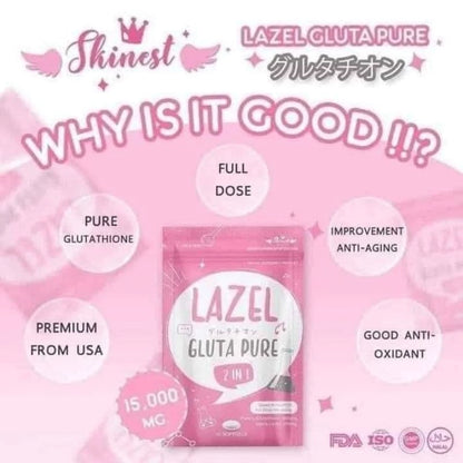 Lazel Gluta Pure 2 in 1 supplement display highlighting whitening and antioxidant benefits