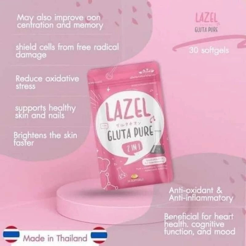 Lazel Gluta Pure 2 in 1 product image showing whitening formula details and benefits