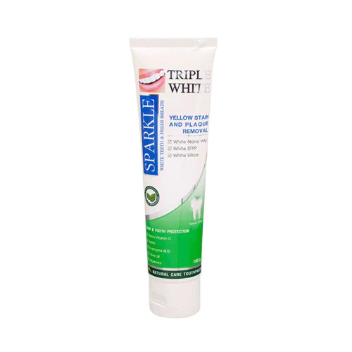 Sparkle Triple White toothpaste tube in vertical view featuring Peppermint and Coenzyme Q10 ingredients.