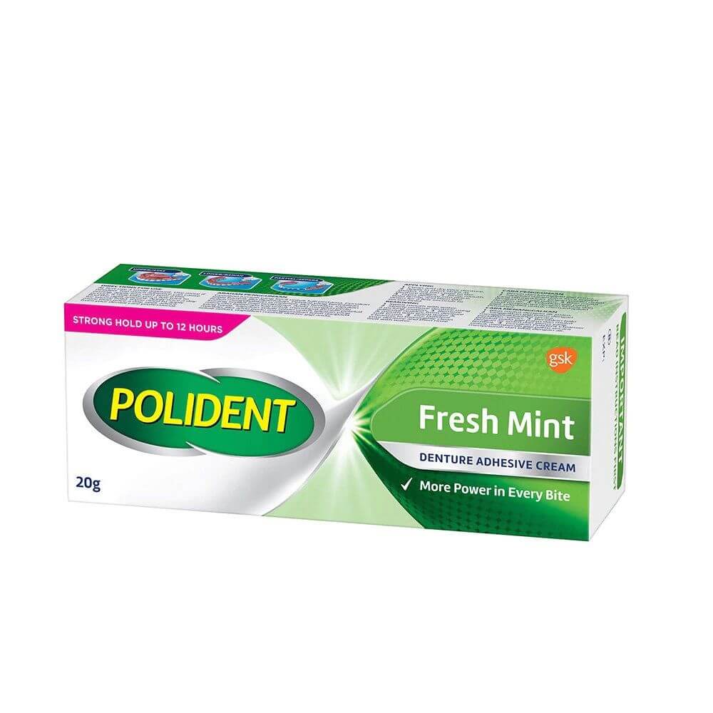 Polident Denture Adhesive Cream Fresh Mint 3D Hold 20g product box front view