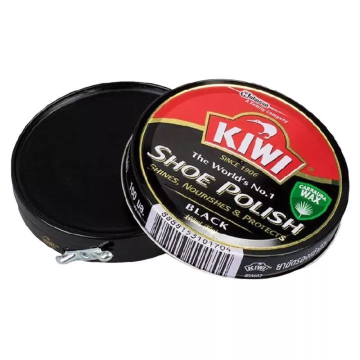 KIWI Black Shoe Polish tin opened to show black wax paste inside
