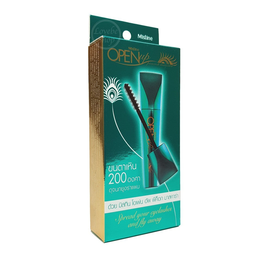 Mistine Open Up Peacock Mascara retail box front showing product design
