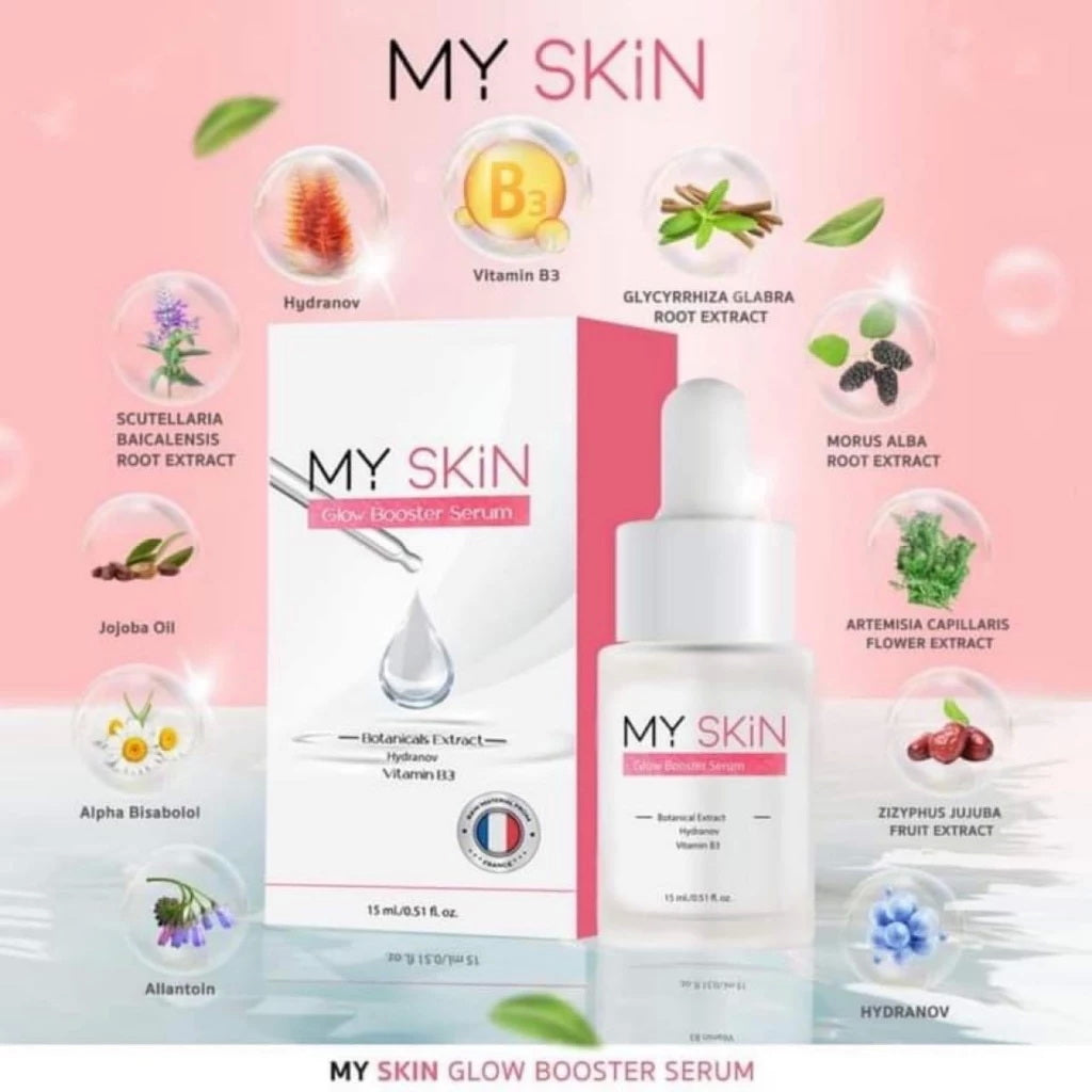 MY SKIN Glow Booster Serum marketing graphic with natural extracts and benefits