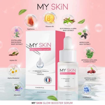 MY SKIN Glow Booster Serum marketing graphic with natural extracts and benefits