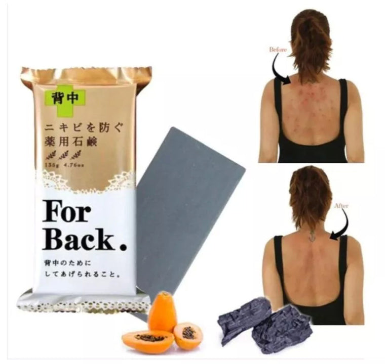 Pelican For Back Acne Soap showing before and after back acne results with cleansing bar.