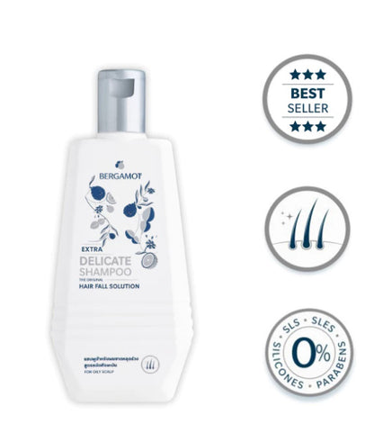 Bergamot Delicate Shampoo side and cap view showing product seal and quality certification icons.