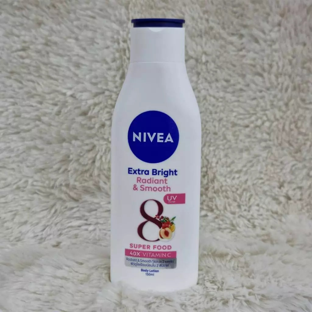 Nivea Radiant Smooth Lotion full bottle standing on surface
