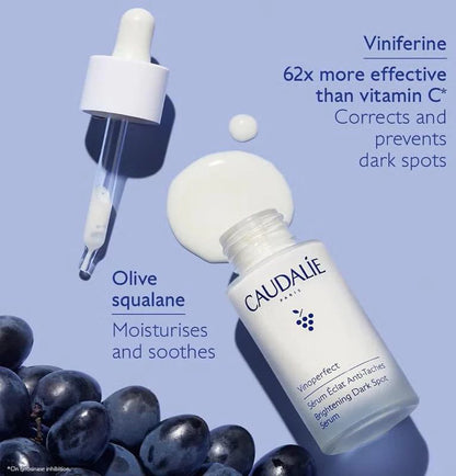 Caudalie Vinoperfect Serum texture drop with dropper and grapes showing Viniferine benefits