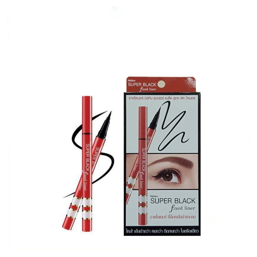 Mistine Super Black Fixed Eyeliner full set with pen and model photo on packaging
