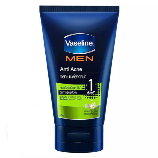 Front view of Vaseline Men Anti-Acne Facial Wash 50g tube, blue and green packaging