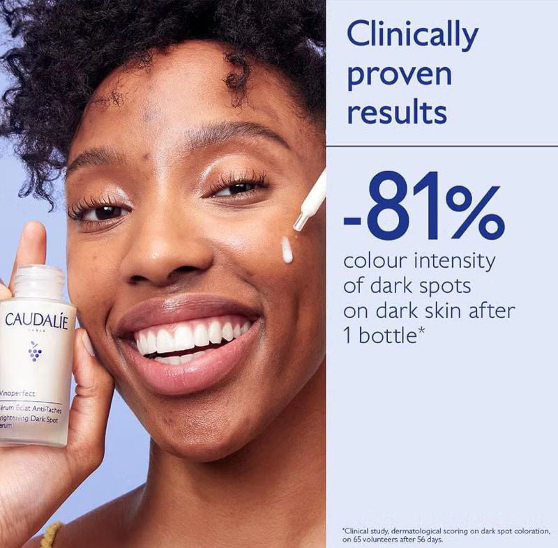 Woman applying Caudalie Vinoperfect Serum with statistic showing 81 percent dark spot reduction