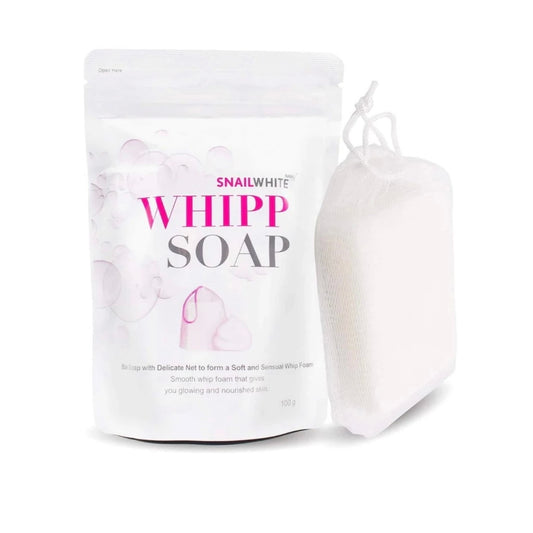Snail White Whipp Soap facial cleansing bar with delicate net in retail packaging