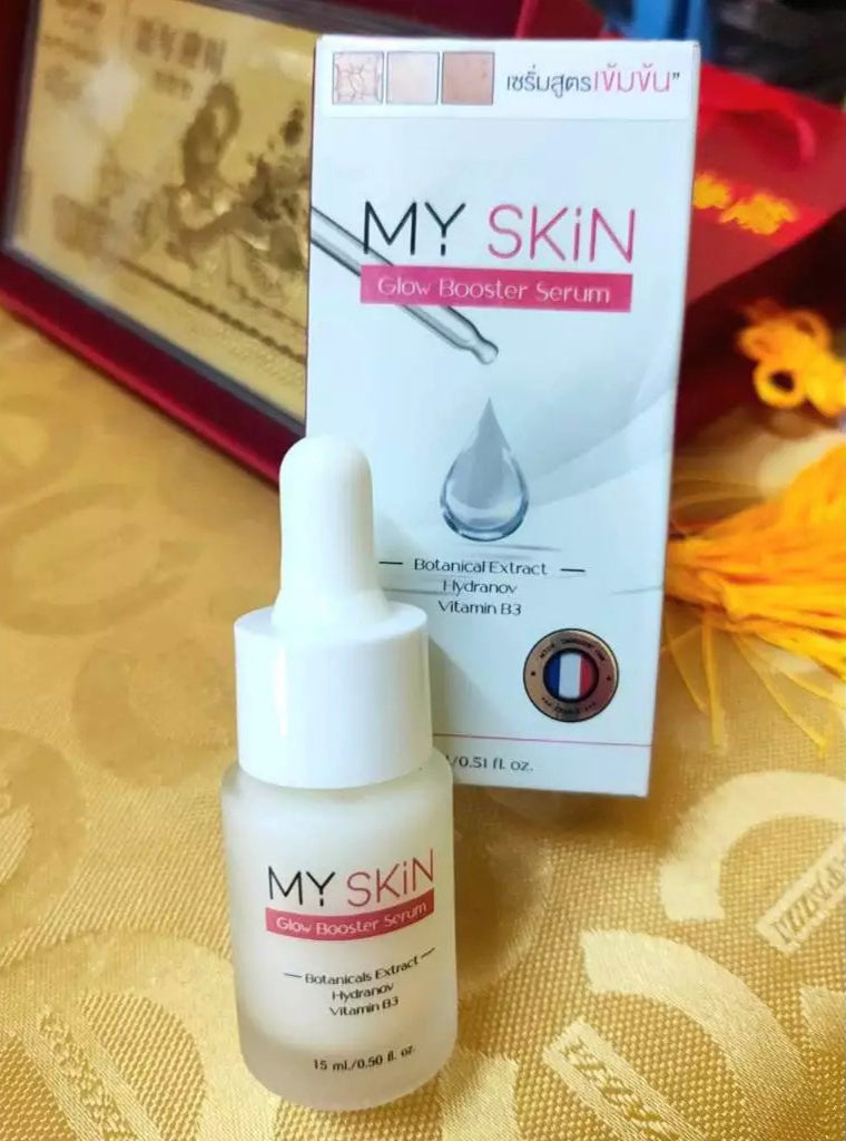 MY SKIN Glow Booster Serum bottle and retail box on table
