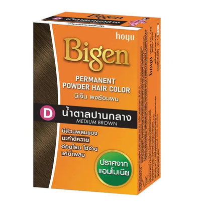 Bigen Powder Hair Color Permanent No Ammonia Hair Dye in Medium Brown 6g packaging with detailed product information.