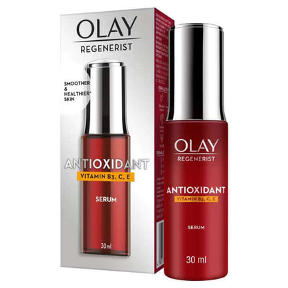 Olay Regenerist Antioxidant Serum product display with bottle and box showing Vitamin B3 C E formula