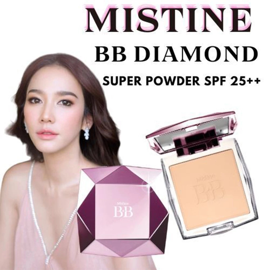 Mistine BB Diamond Pressed Powder product presentation with model and compact foundation display