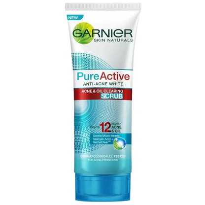 Garnier Pure Active Anti-Acne Scrub Oil Clearing 100ml Face Wash tube with blue and white design on display.