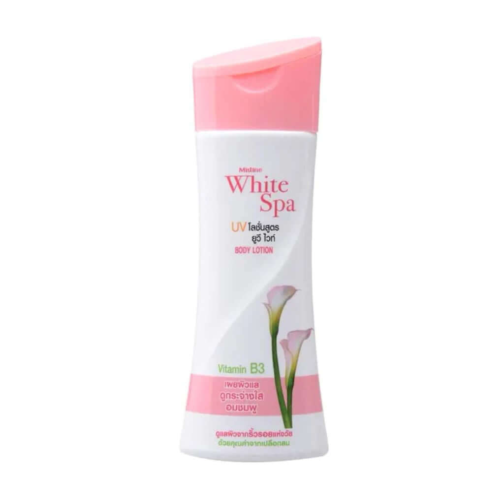 A single smaller standard bottle of Mistine White Spa Lotion 200ml from a front view.
