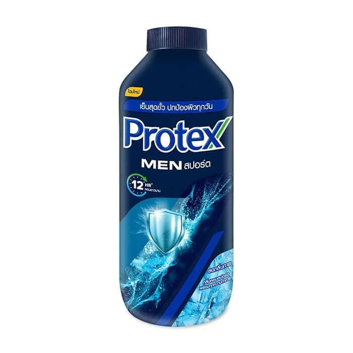 Protex Men Sport Cooling Powder bottle front view showing Sport Cool Body formula for men freshness.