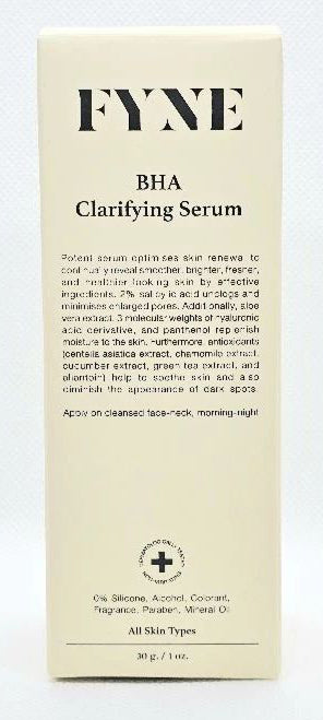 Front view of FYNE BHA Clarifying Serum packaging displaying product name and key details